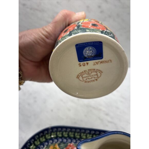 Unikat Polish Pottery Floral Creamer Pitcher And Honey Jar On Serving Tray - Picture 7 of 11